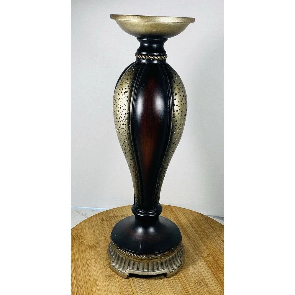 Stratford Traditional Metal Pedestal Candle Holder Antique Black Gold Brown 16”